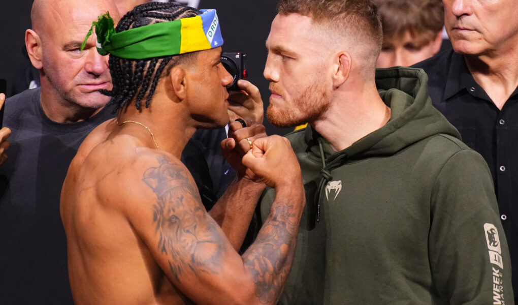 MIAMI, FLORIDA - MARCH 08: (L-R) Opponents Gilbert Burns of Brazil and Jack Della Maddalena of Australia face off during the UFC 299 ceremonial weigh-in at Kaseya Center on March 08, 2024 in Miami, Florida. (Photo by Chris Unger/Zuffa LLC via Getty Images)