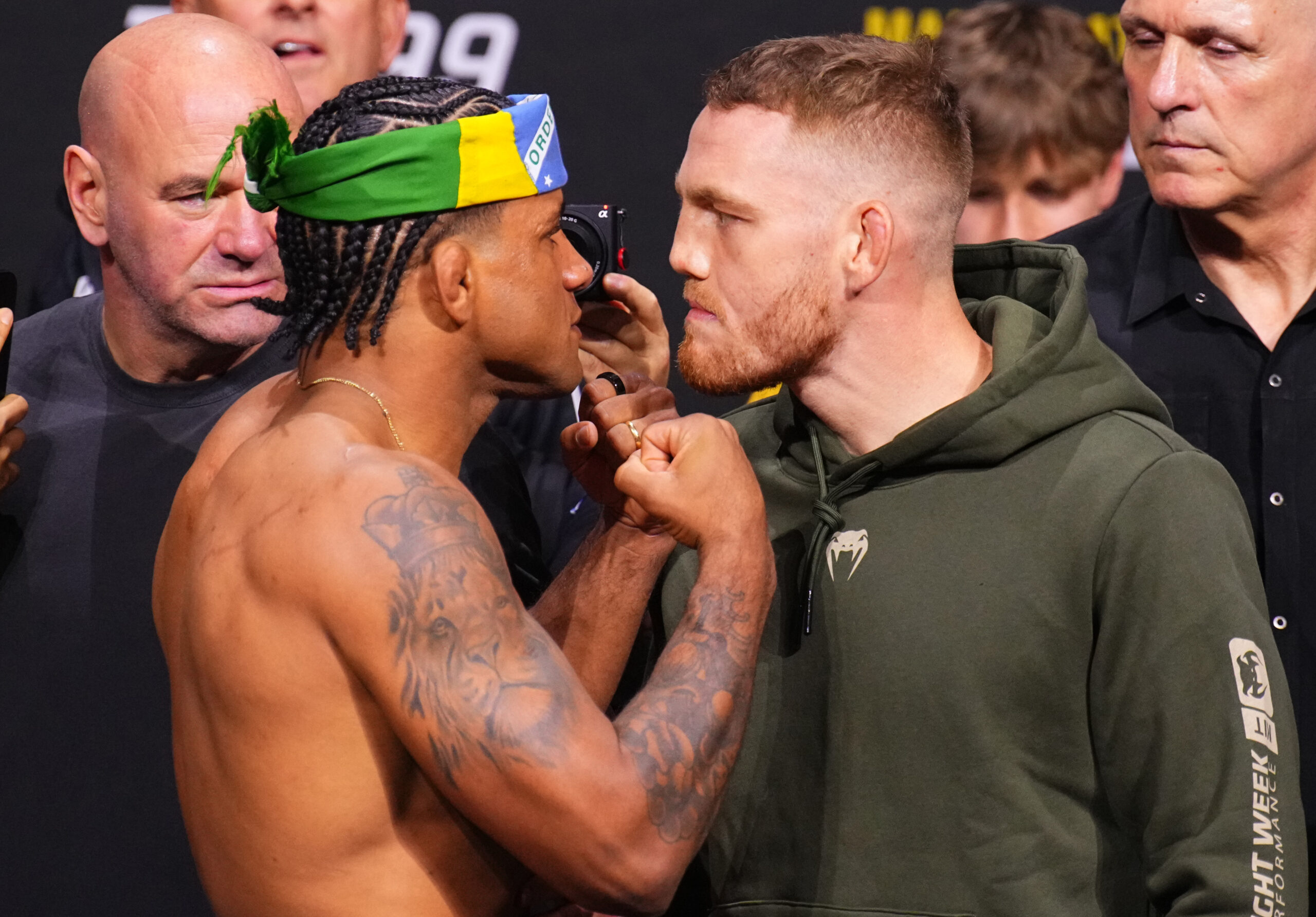 MIAMI, FLORIDA - MARCH 08: (L-R) Opponents Gilbert Burns of Brazil and Jack Della Maddalena of Australia face off during the UFC 299 ceremonial weigh-in at Kaseya Center on March 08, 2024 in Miami, Florida. (Photo by Chris Unger/Zuffa LLC via Getty Images)